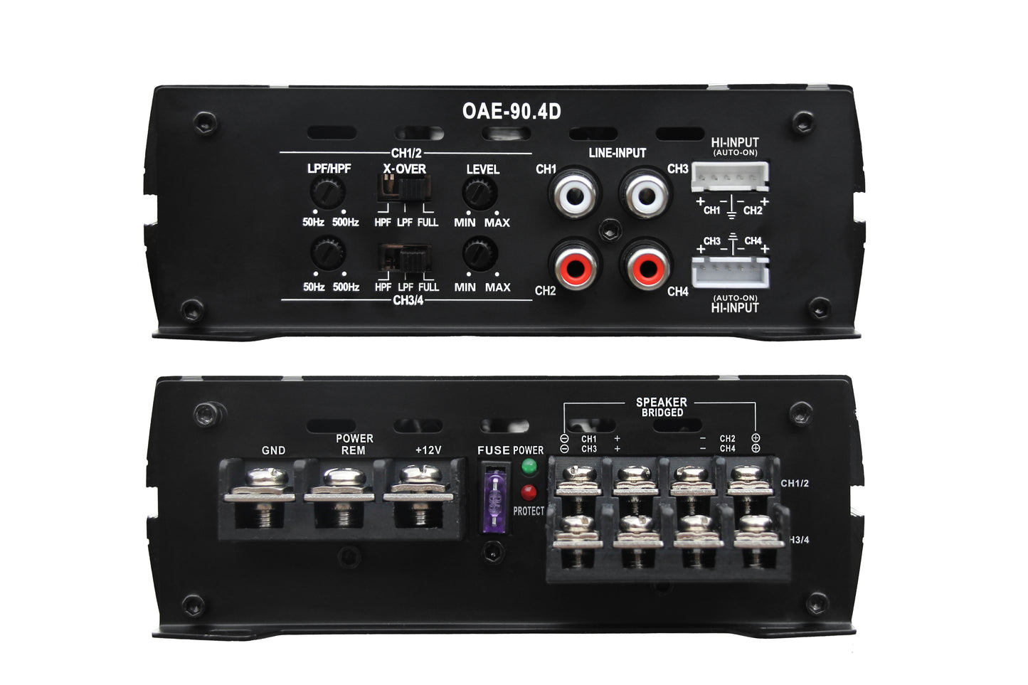 OceanAudio OAE-90.4D Compact Full-Range Class D 4 Channel Car Amplifier, 720W - RMS Power @4Ω 4*60W, @2Ω 4*90W Max Power @2Ω 4*180W, Bridged 2 Channels RMS Power @4Ω 2*180W