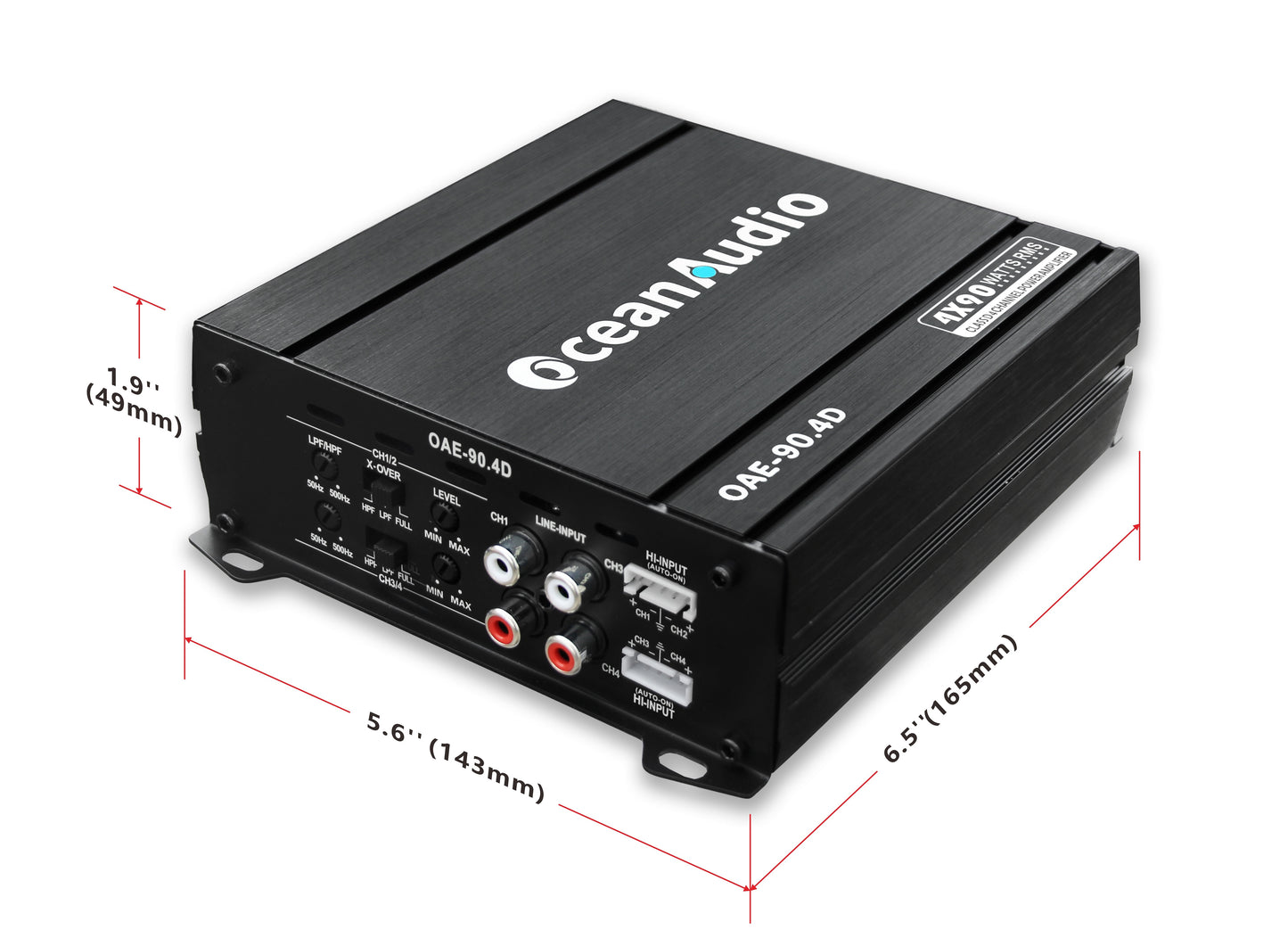 OceanAudio OAE-90.4D Compact Full-Range Class D 4 Channel Car Amplifier, 720W - RMS Power @4Ω 4*60W, @2Ω 4*90W Max Power @2Ω 4*180W, Bridged 2 Channels RMS Power @4Ω 2*180W
